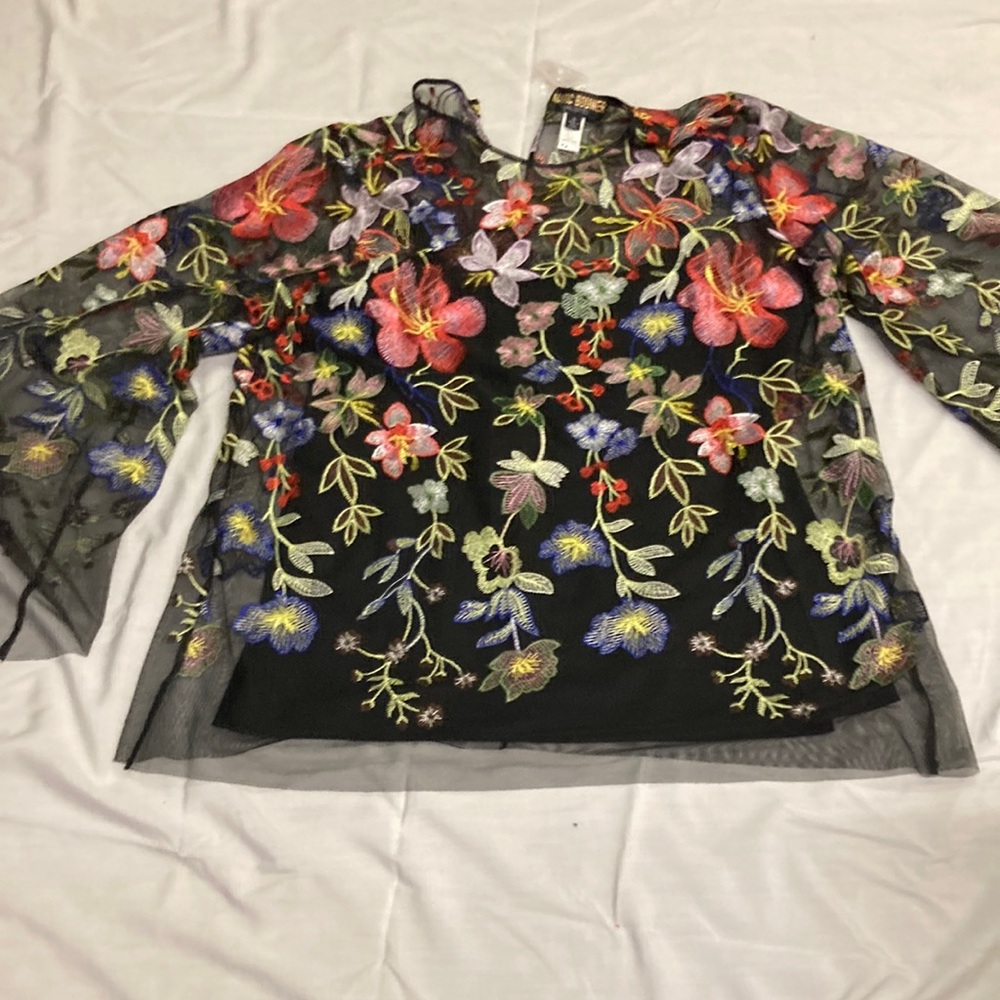 ⚘️ MARC BOUWER Tank w/ Sheer Black Floral Embroidery M New!